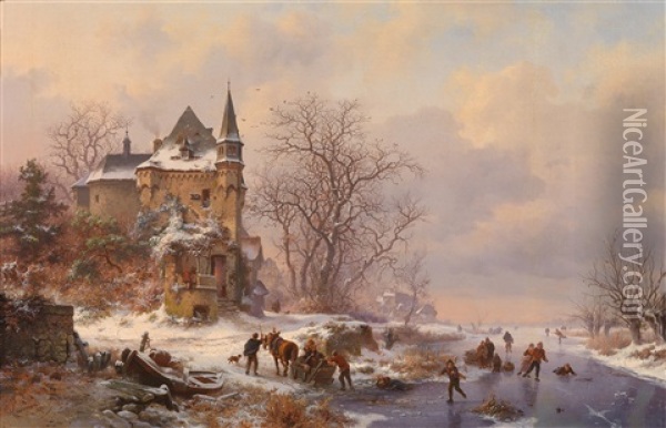 Winterlandschaft Mit Eislaufern Vor Einem Schloss Oil Painting - Frederik Marinus Kruseman