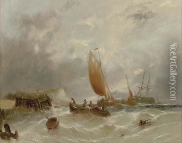 Fishing Boats Off A Jetty Oil Painting - William Harry Williamson