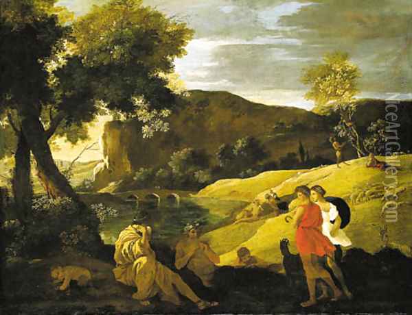 An Arcadian landscape with stories from the legends of Pan and Bacchus Oil Painting - Nicolas Poussin