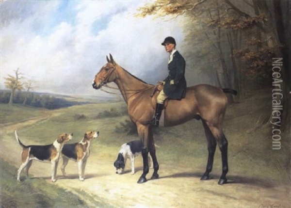 Portrait Of Frank Greswold Williams, Esq. Of Bredenbury Court, Bromyard On A Bay Hunter In A Landscape Accompanied By Hounds Oil Painting - Thomas Percy Earl