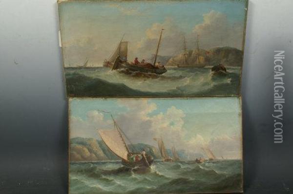 A Pair, Sailing In And Laden Boat In Choppy Seas Oil Painting - J. Mundell