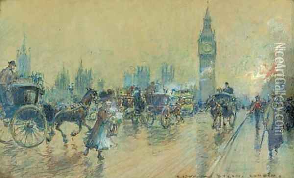 Horses and carriages on Westminster Bridge before the Houses of Parliament Oil Painting - Georges Stein