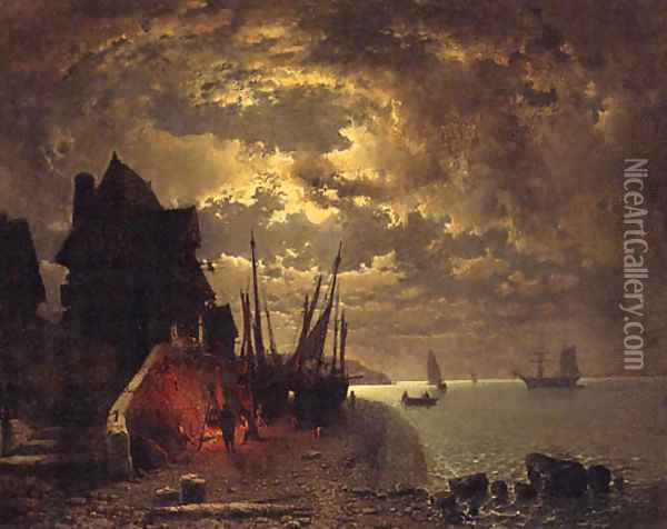 Fisherfolk Before A Fire At Low Tide, In A Moonlit Coastal Inlet Oil Painting - Tony Francis De Bergue
