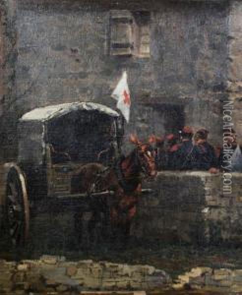Soldiers Near A Hospital Oil Painting - Alphonse Marie de Neuville