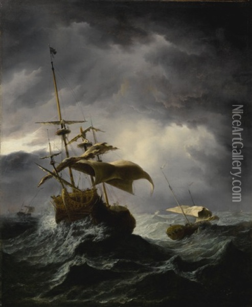 An English Ship In A Gale Attempting To Lie-to Oil Painting - Willem van de Velde the Younger