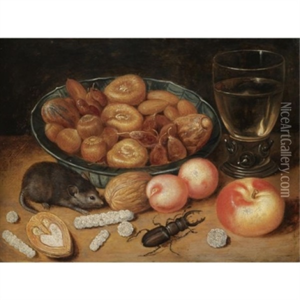 Still Life Of Chestnuts And Hazelnuts In A Porcelain Bowl, A Roemer, An Apple, Apricots, A Beetle And A Mouse Oil Painting - Georg Flegel