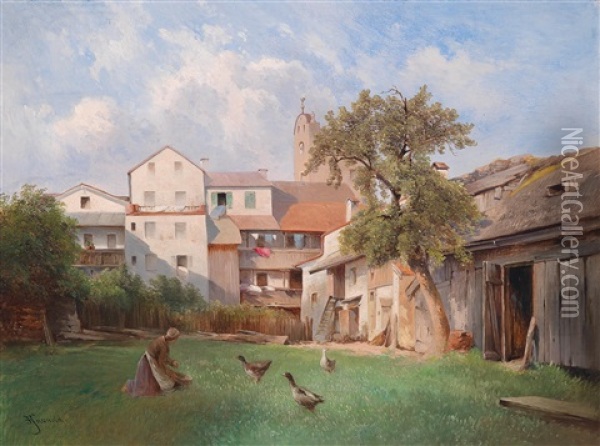 Hof Des Seifensiederhauses In Tittmoning, Bayern Oil Painting - Karl Franz Emanuel Haunold