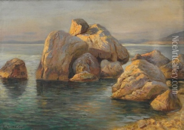 Capri. Blick Auf Die Felskuste Bei Sonnenuntergang Oil Painting - Max Usadel