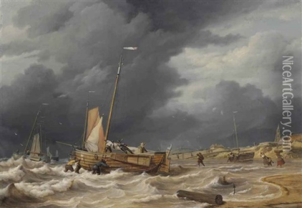 A Botter Braving A Storm Near Scheveningen Oil Painting - Nicolas Baur