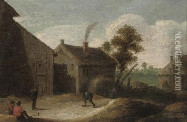 Peasants Playing Skittles Ouside An Inn Oil Painting - David The Younger Teniers