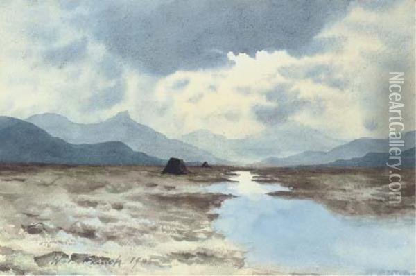 A Flooded Peat Bog With Mountains In The Distance, Connemara Oil Painting - William Percy French