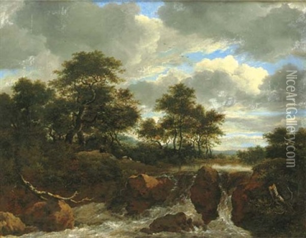 A Wooded River Landscape With A Waterfall Oil Painting - Jacob Salomonsz van Ruysdael