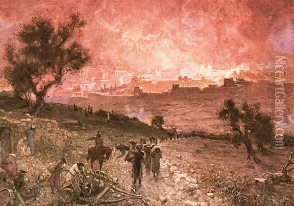 The destruction of Jerusalem by nebuzar adan Oil Painting - William Brassey Hole