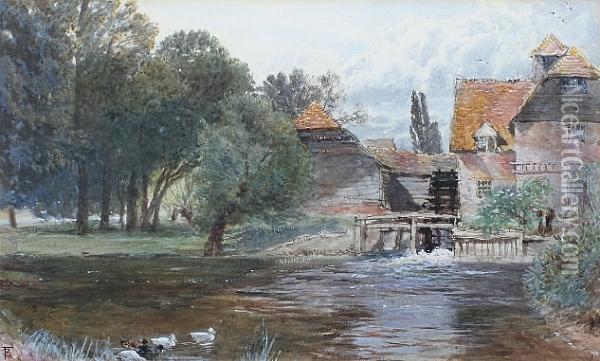 Figure By A Watermill, Ducks In The Foreground Oil Painting - Myles Birket Foster
