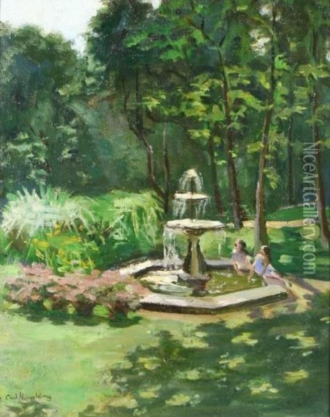 Two Young Girls At A Park Fountain Oil Painting - Carl Hirshberg