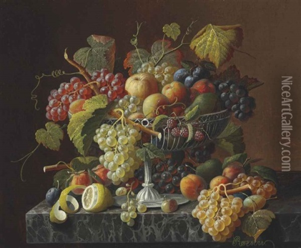 Still Life With Fruit And Leaves Oil Painting - Severin Roesen