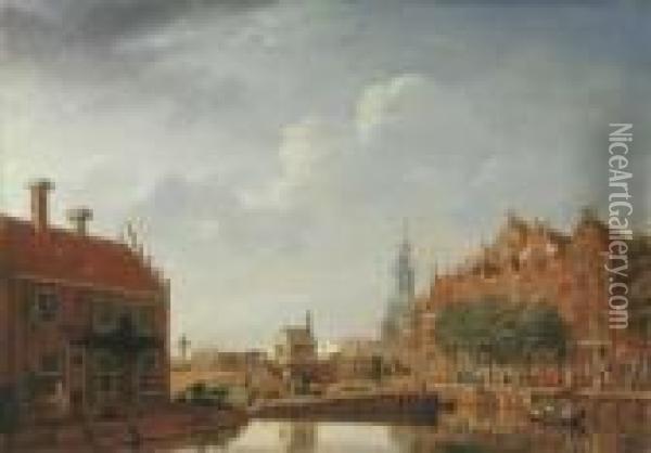 The Brouwersgracht And The 
Lijnbaansgracht, Amsterdam, With The Rope Maker 't Fortuin And The 
Bullebak Sluice, The Haarlemmerpoort In The Distance Oil Painting - Isaak Ouwater