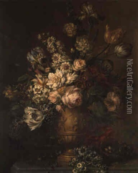 Still Life Of Mixed Flowers In A Vase And A Bird's Nest On A Marble Ledge Oil Painting - Willem van Leen