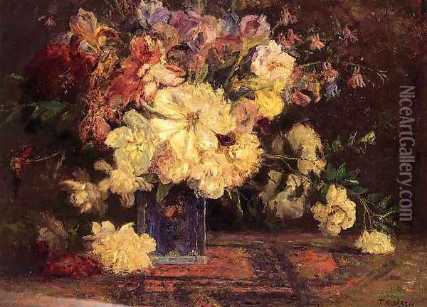 Still Life with Peonies Oil Painting - Theodore Clement Steele