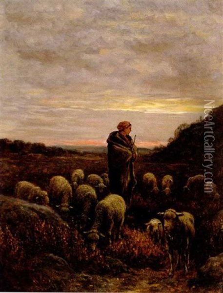 A Shepherd And His Flock, Sunset Oil Painting - Jean Ferdinand Chaigneau