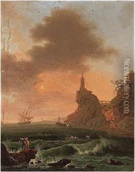 A Rocky Coastal Landscape At Sunset With Fishermen On Choppy Seas Oil Painting - Claude-joseph Vernet