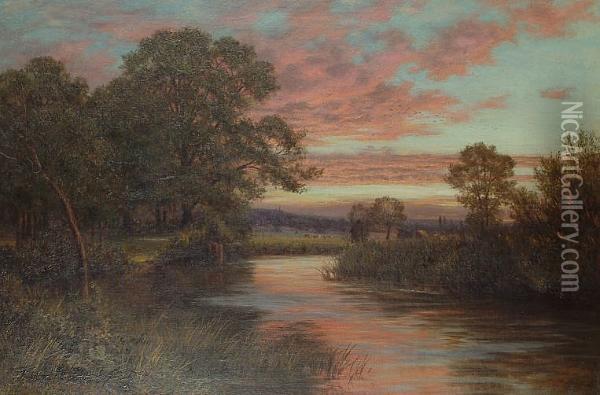 A River At Sunset. Oil Painting - Alfred De Dreux