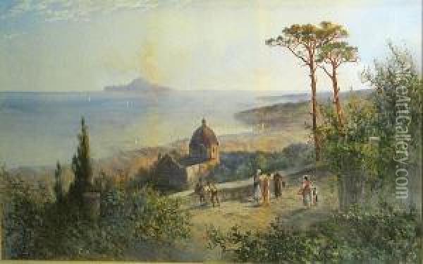 Figures On A Promenade With Stromboli In The Distance Oil Painting - Hugo Anton Fisher
