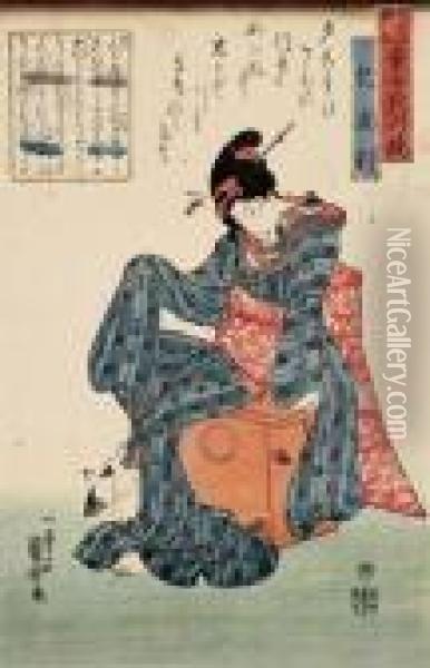 Two Bijin-e - Ki No Tomonori From The Series Sanju-rokkasen Dojokyokun Kagami Oil Painting - Utagawa Kuniyoshi