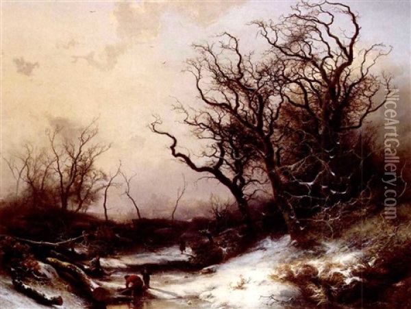 Wood-gatherers In A Snowy Landscape Oil Painting - Pieter Lodewijk Francisco Kluyver