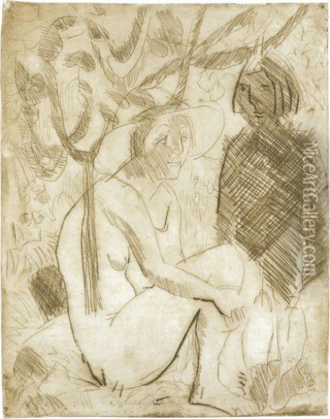 Badende Mit Hut Oil Painting - Ernst Ludwig Kirchner