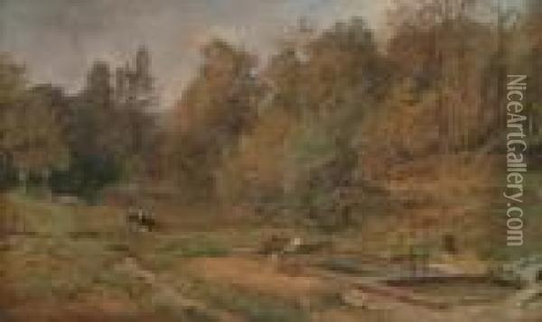 Lavoir En Foret, Pres De Pont-audemer, Effet D'automne, 1866 Oil Painting - Paul Huet