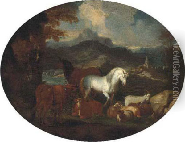 Horses, Cattle, Goats And Rams By A Lake In A Mountainlandscape Oil Painting - Giovanni Benedetto Castiglione