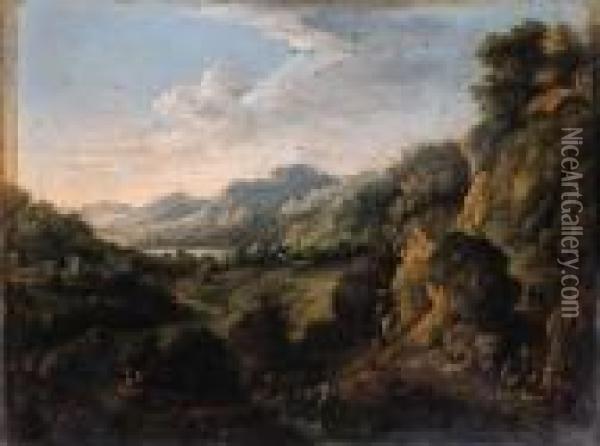 A Rhenish Landscape With Travellers On A Track By A Waterfall Oil Painting - Jan Griffier I