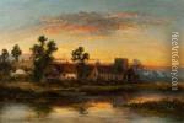 A Village Scene At Sunset With Lake In The Foreground And Parishchurch Oil Painting - William Langley