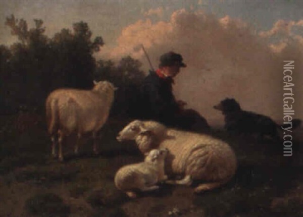 Herder And Dog Tending Sheep Oil Painting - Jacob Van Dieghem