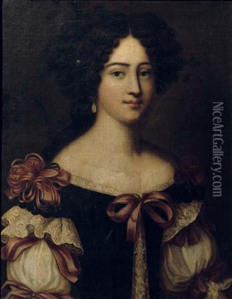 Portrait Of A Lady, Said To Be 
One Of The Mancini Sisters, Half-length, In A Blue Dress With A White 
Chemise, Decorated Wit Red Ribbons Oil Painting - Jacob Ferdinand Voet