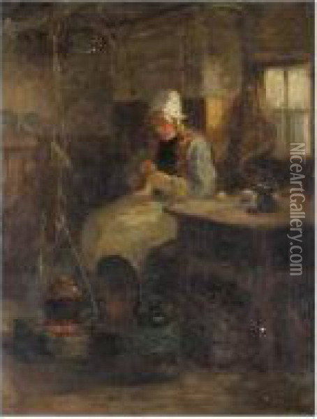Darning By The Fire Oil Painting - Ralph Hedley