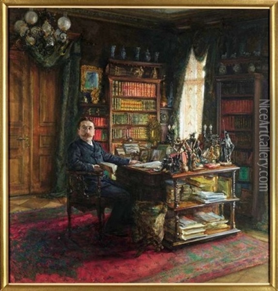 Im Studierzimmer. An Einem Schreibtisch Sitzt Ein Herr Mit Einem Aufgeschlagenen Buch In Der Hand Oil Painting - Carl Moll