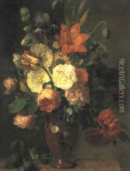 Bouquet De Fleurs Sur Un Entablement En Marbre Oil Painting - Augustin Alexandre Thierriat De Lyon