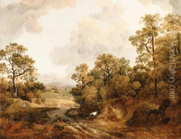 A Wooded Landscape With Shepherds And Cows Oil Painting - Thomas Barker of Bath