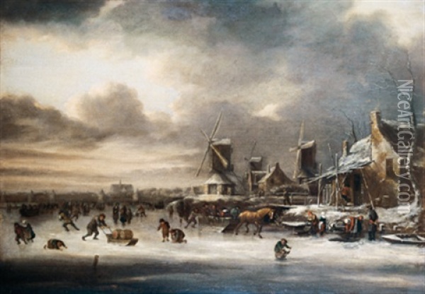 Winterliche Dorflandschaft An Einem Weiten Fluss Mit Eislaufern Oil Painting - Nicolaes Molenaer