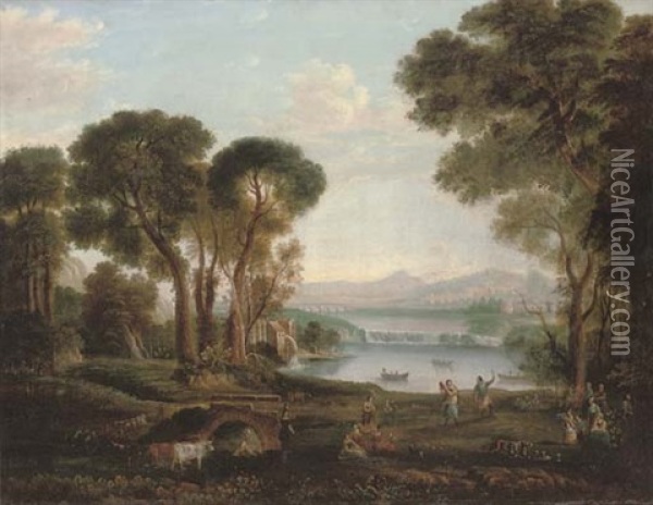 An Italianate River Landscape With Figures Dancing And Making Music On A Bank, A Town Beyond Oil Painting - Claude Lorrain
