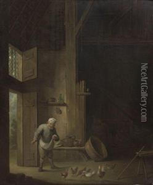Interieur De Grange Avec Paysan Nourrissant Ses Poules Oil Painting - David The Elder Teniers