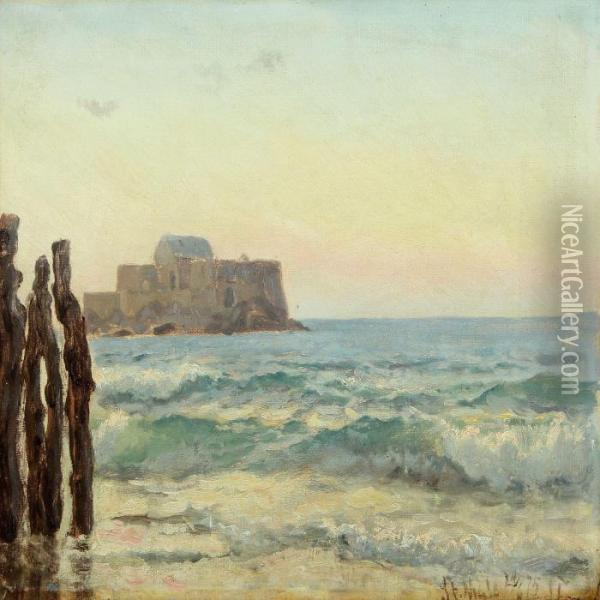 View From St. Malo With The Citadel In The Background Oil Painting - Laurits Regner Tuxen