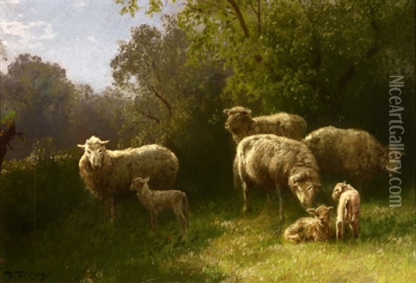 Flock Of Sheep With Lambs Oil Painting - Hermann Herzog