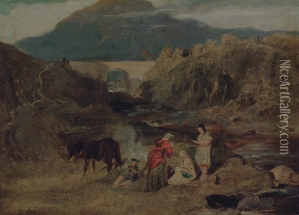 Figures Resting By A River In A Highland Landscape Oil Painting - Sir Edwin Henry Landseer