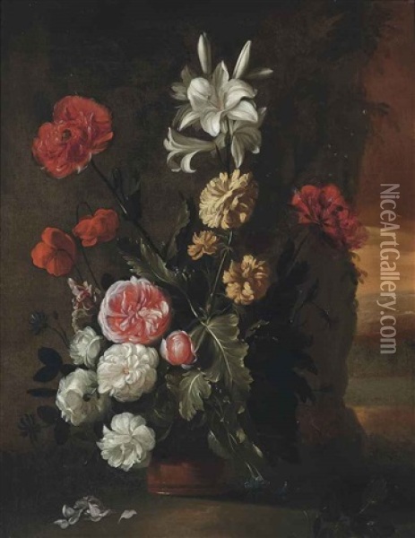 Lillies, Roses, Poppies And Chrysanthemums In A Vase, Landscape Beyond Oil Painting - Simon Pietersz Verelst