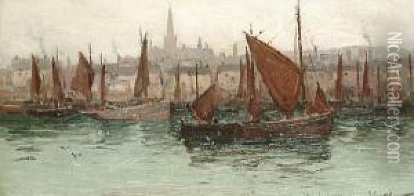 'peel Harbour' Isle Of Man Oil Painting - Julius Hare
