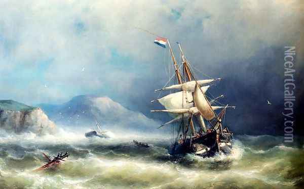 A Barque In Distress Off A Rocky Coast Oil Painting - Nicolaas Riegen