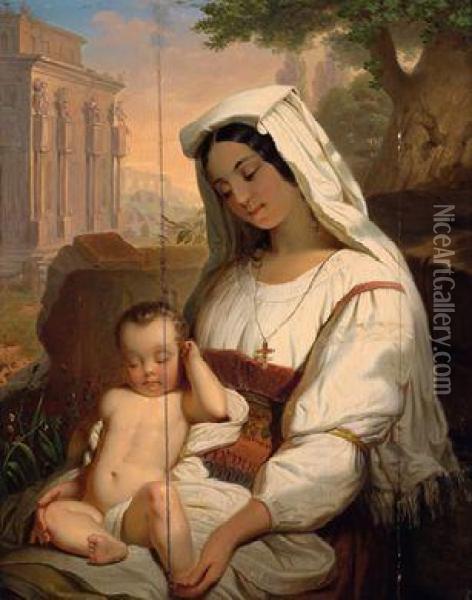 Romische Mutter Mit Kleinkind Vor Antiken Ruinen Oil Painting - Franz, Russ Snr.